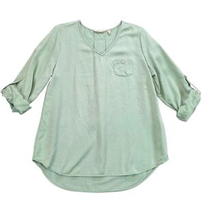 Soft Surroundings V-Neck Tencel Chambray Mint Blouse Roll-tab Sleeve Pocket sz M